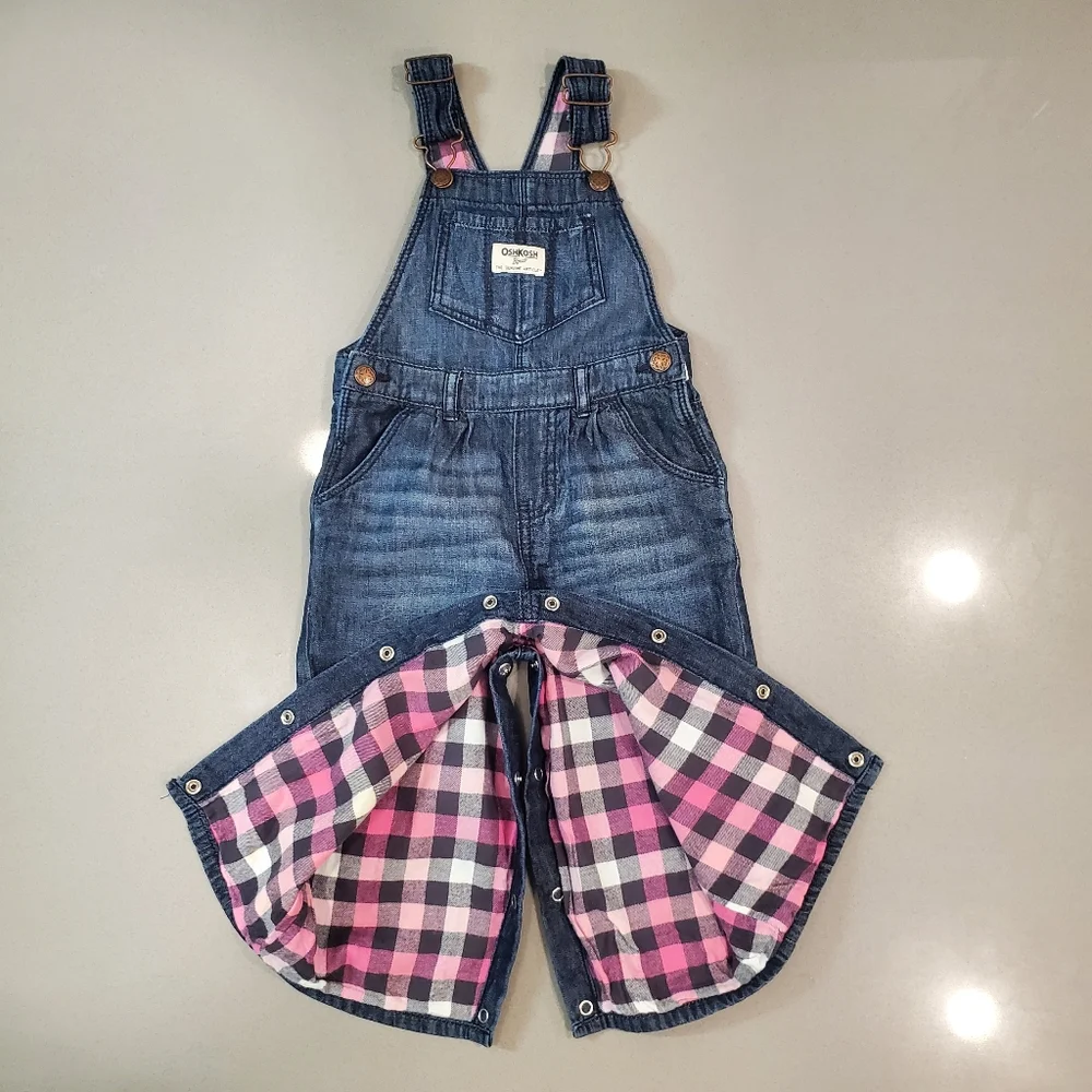 OshKosh B'gosh Toddler Girls Plaid Flannel Lined Denim Overalls